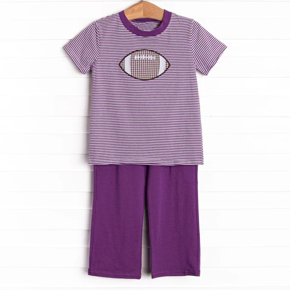 preorder BSPO0471 football purple striped short sleeve purple pants boys set