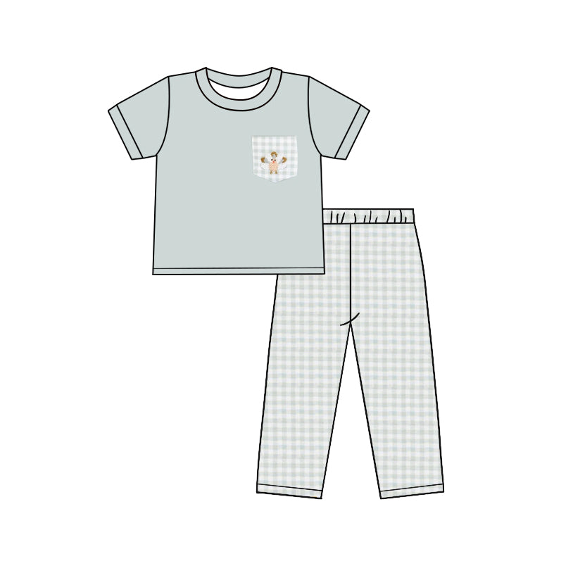 preorder BSPO0476 Thanksgiving turkey pocket short sleeve checkered pants boys set