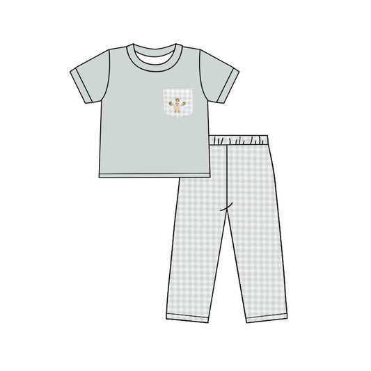 preorder BSPO0476 Thanksgiving turkey pocket short sleeve checkered pants boys set