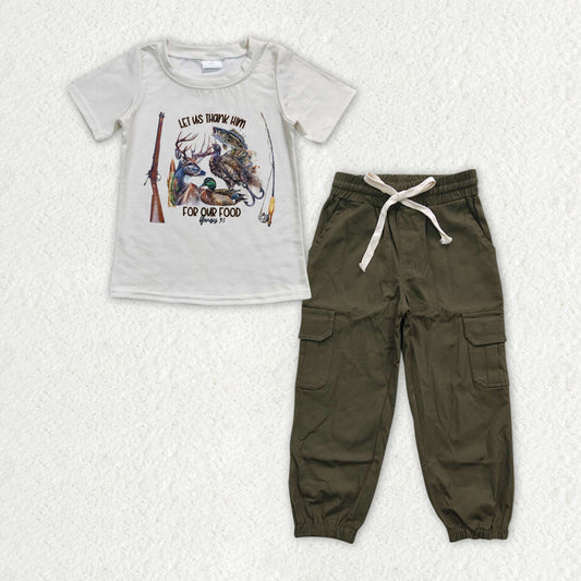 BSPO0485 let us thank him hunting fishing deer mallard short sleeve dark green pants boys set