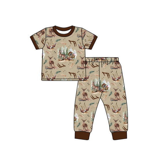 preorder BSPO0494 hunting deer turkey brown short sleeve pants boys pajamas boys set