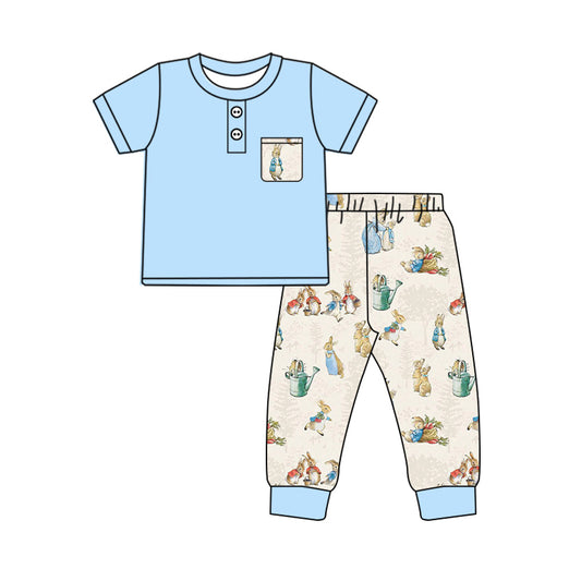 preorder BSPO0501 Easter cute bunny rabbit blue pocket short sleeve pants boys set