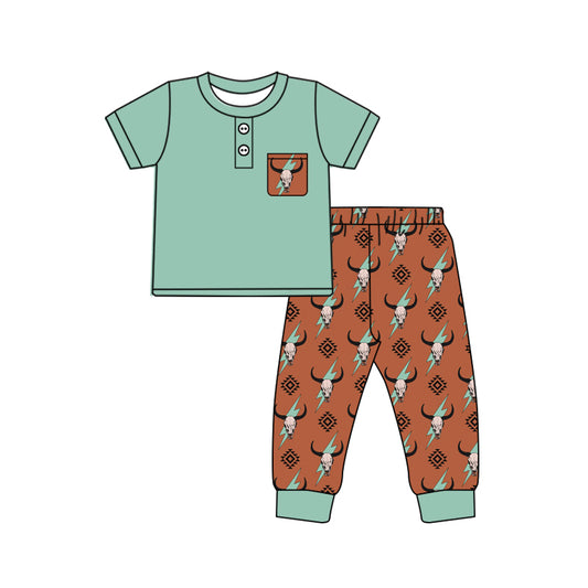 preorder BSPO0502 Western cow green pocket short sleeve brown aztec pants boys set