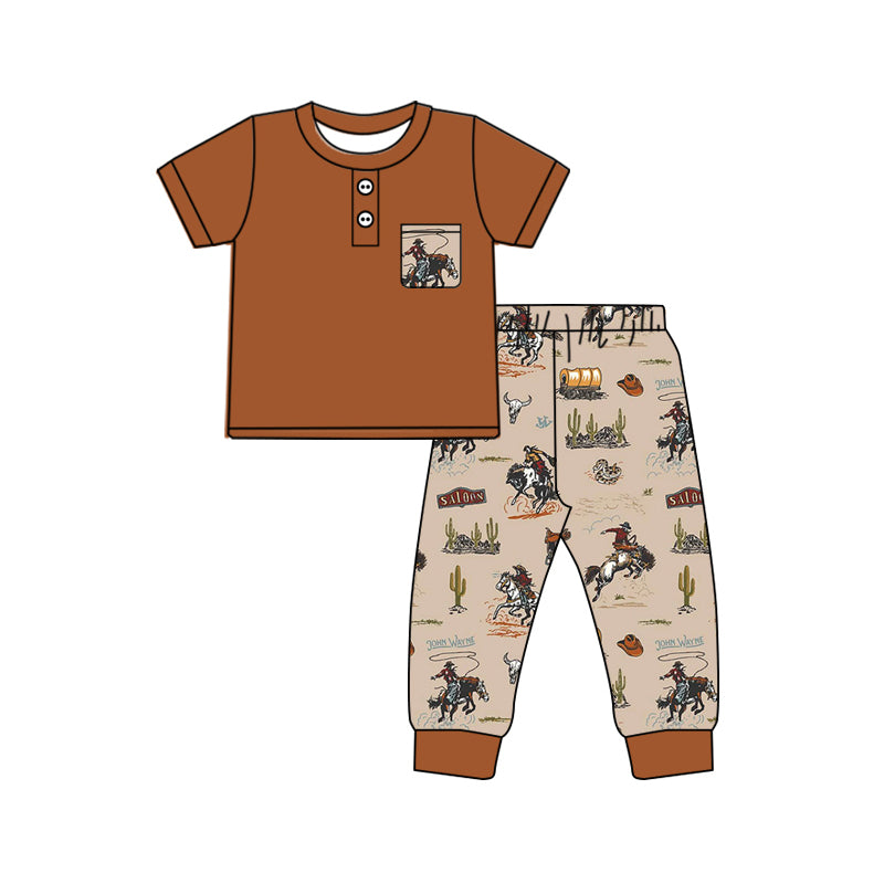 preorder BSPO0503 Western brown rodeo pocket short sleeve pants boys set