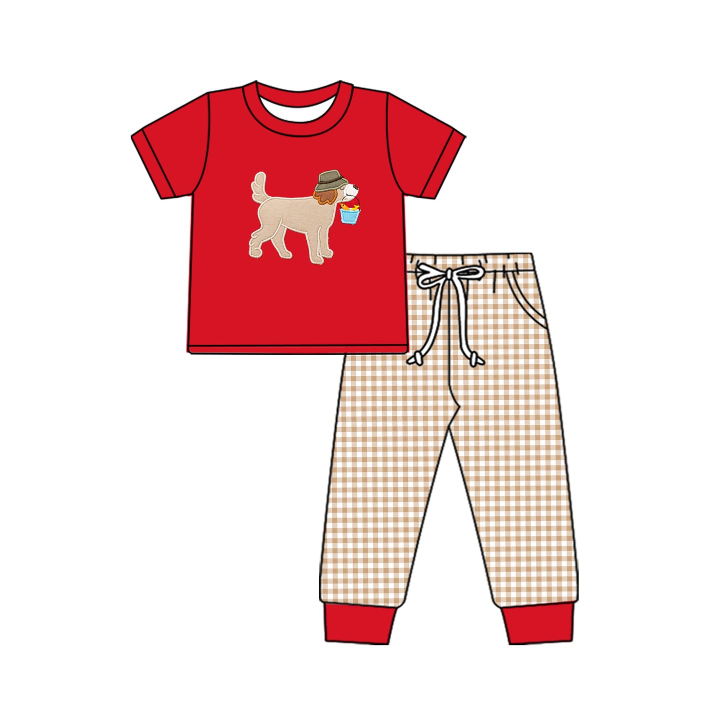 Preorder BSPO0507 hunting season dog fish red short sleeve khaki checkered pants boys set