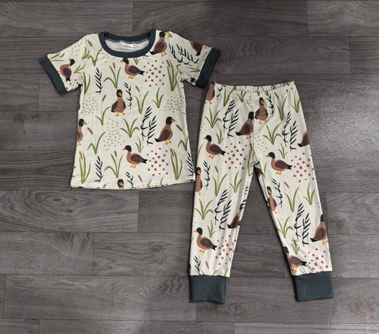 Preorder Samples BSPO0519 hunting season mallard duck dark green short sleeve pants boys pajamas