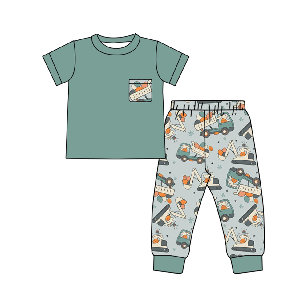 Preorder BSPO0522 Easter egg cute construction pocket green short sleeve pants boys set