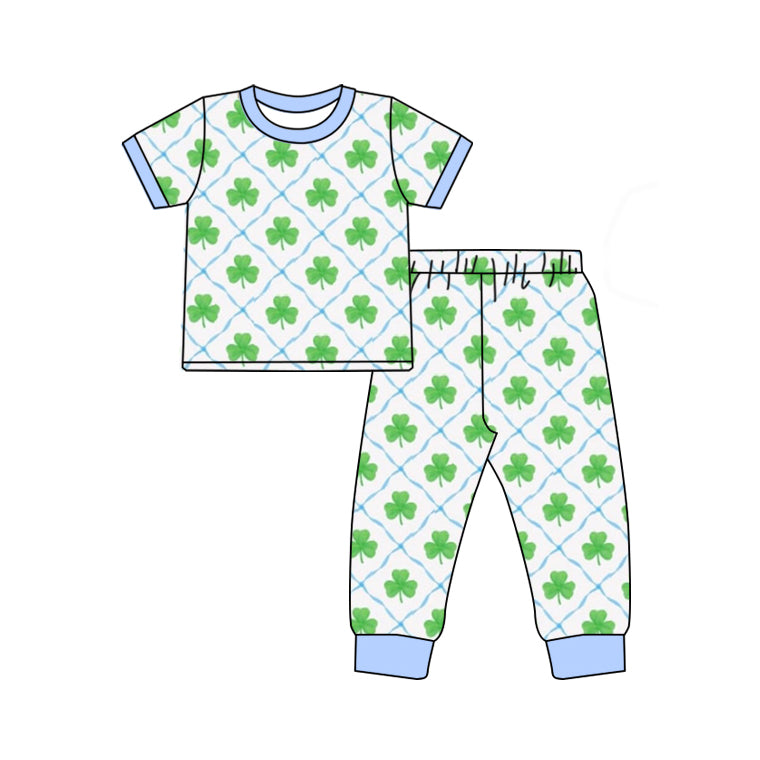 Preorder BSPO0531 St Patrick clover blue short sleeve pants boys pajamas