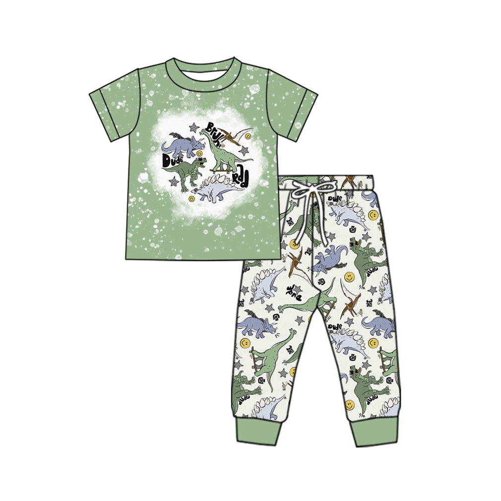 preorder BSPO0533 smile dinosaur green short sleeve pants boys set