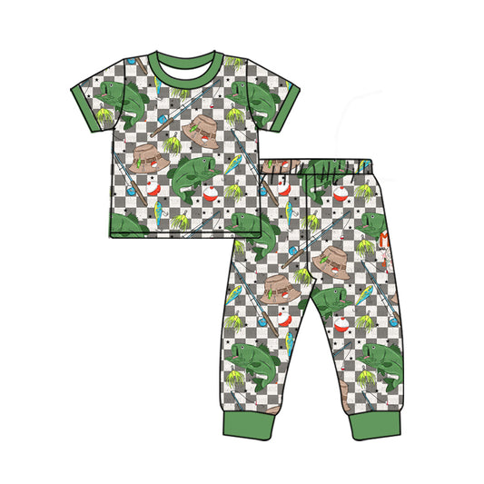 preorder BSPO0538 hunting fishing checkered short sleeve pants boys green pajamas