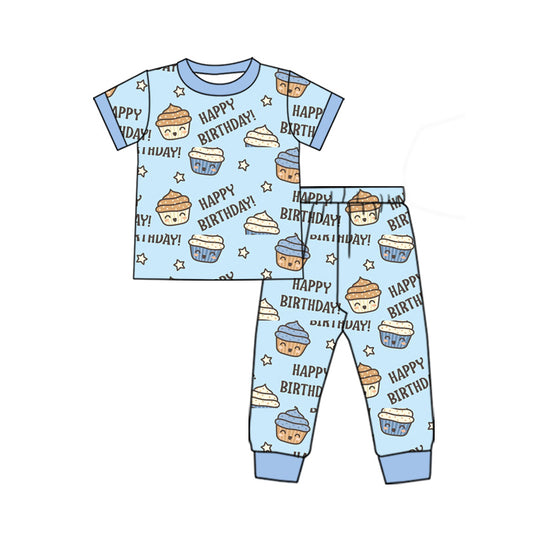preorder BSPO0545 Happy Birthday Cake Blue Short Sleeve  Pants Boys Pajamas