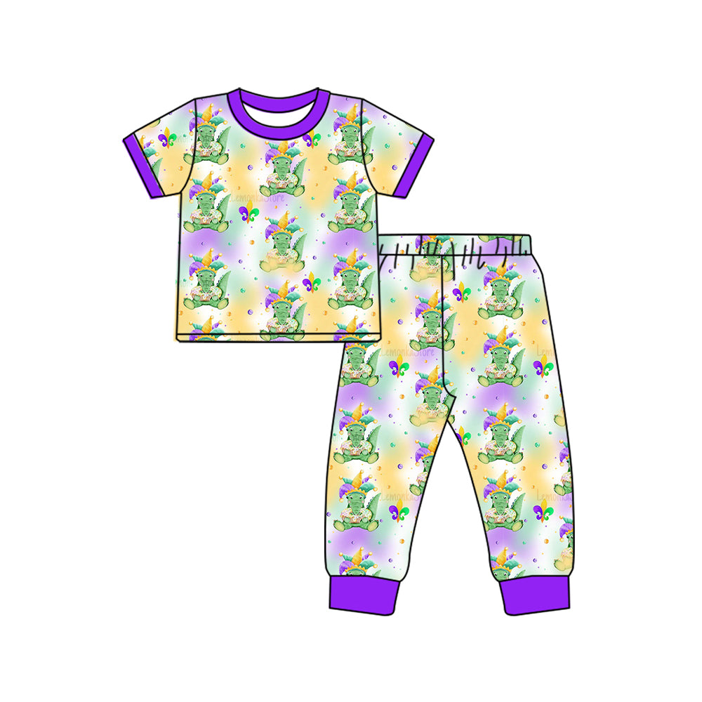 preorder BSPO0547 Mardi Gras Dinosaur Purple Short Sleeve Pants Boys Pajamas