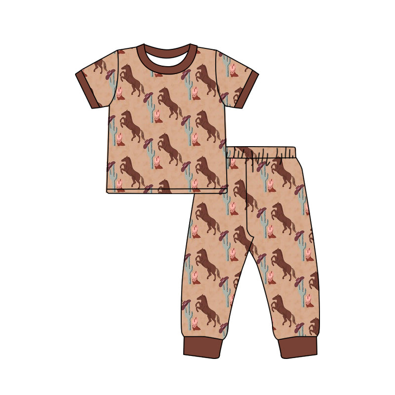 preorder BSPO0555 Western Rodeo Cactus Brown Short Sleeve Pants Boys Set