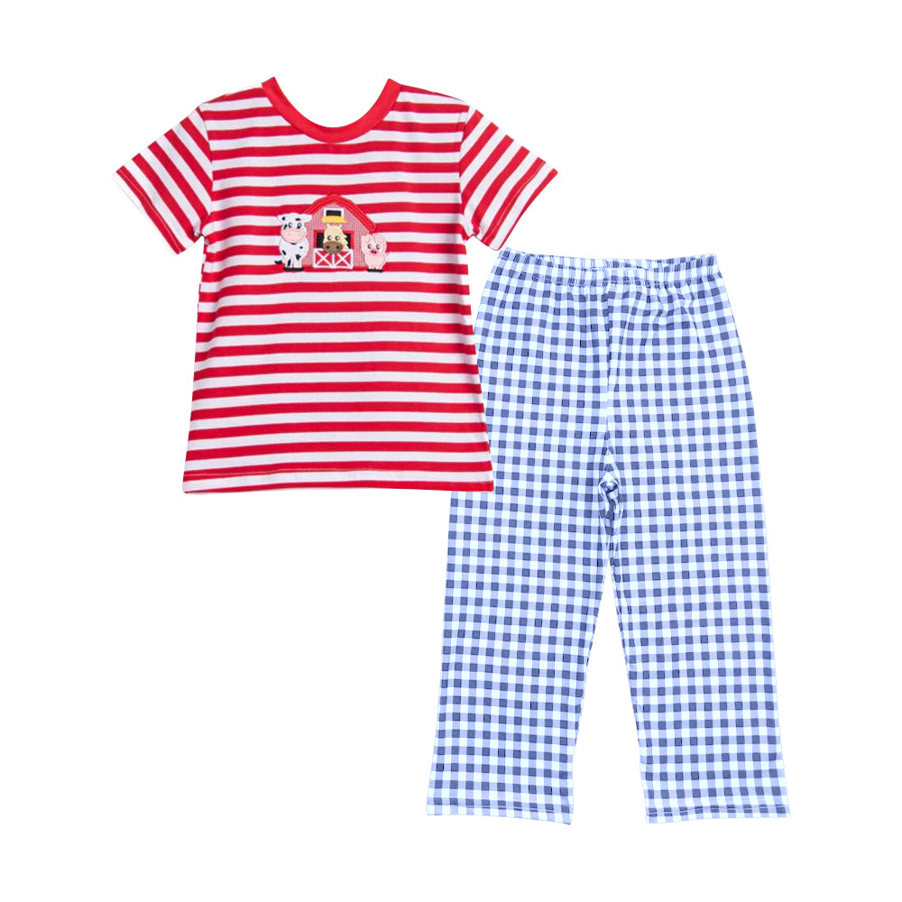 preorder BSPO0567 farm house cow animals red striped short sleeve blue checkered pants boys set