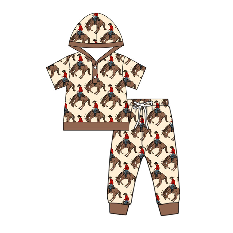 preorder BSPO0569 Western rodeo brown short sleeve hoodie pants boys set