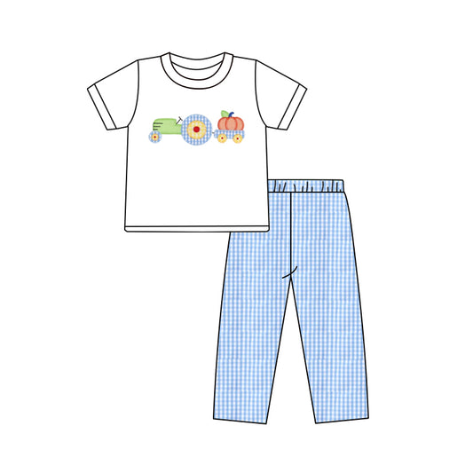preorder BSPO0572 Autumn pumpkin truck white short sleeve blue checkered pants boys set