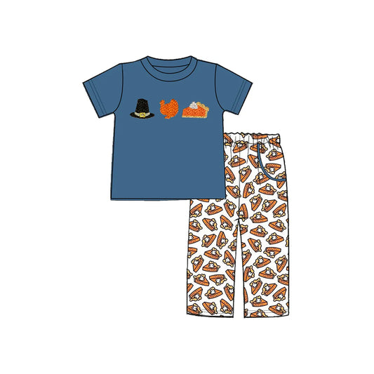 preorder BSPO0573 Thankgving hat turkey pie blue short sleeve pants boys set