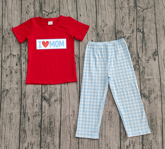 preorder sample BSPO0588 i love mom red short sleeve blue checkered pants boys set