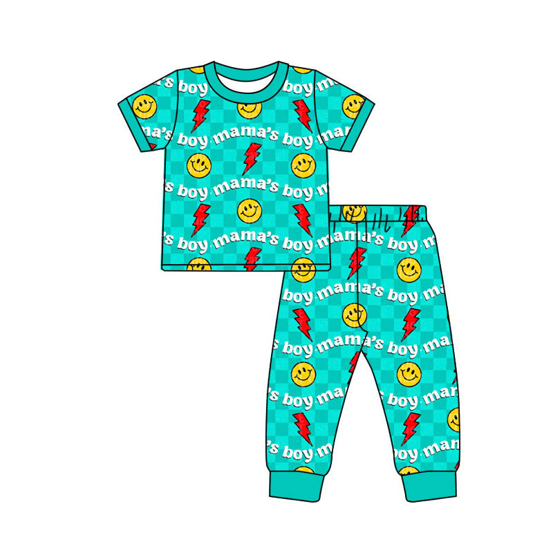 preorder BSPO0593 mama's boy smile flash blue checkered short sleeve pants boys pajamas