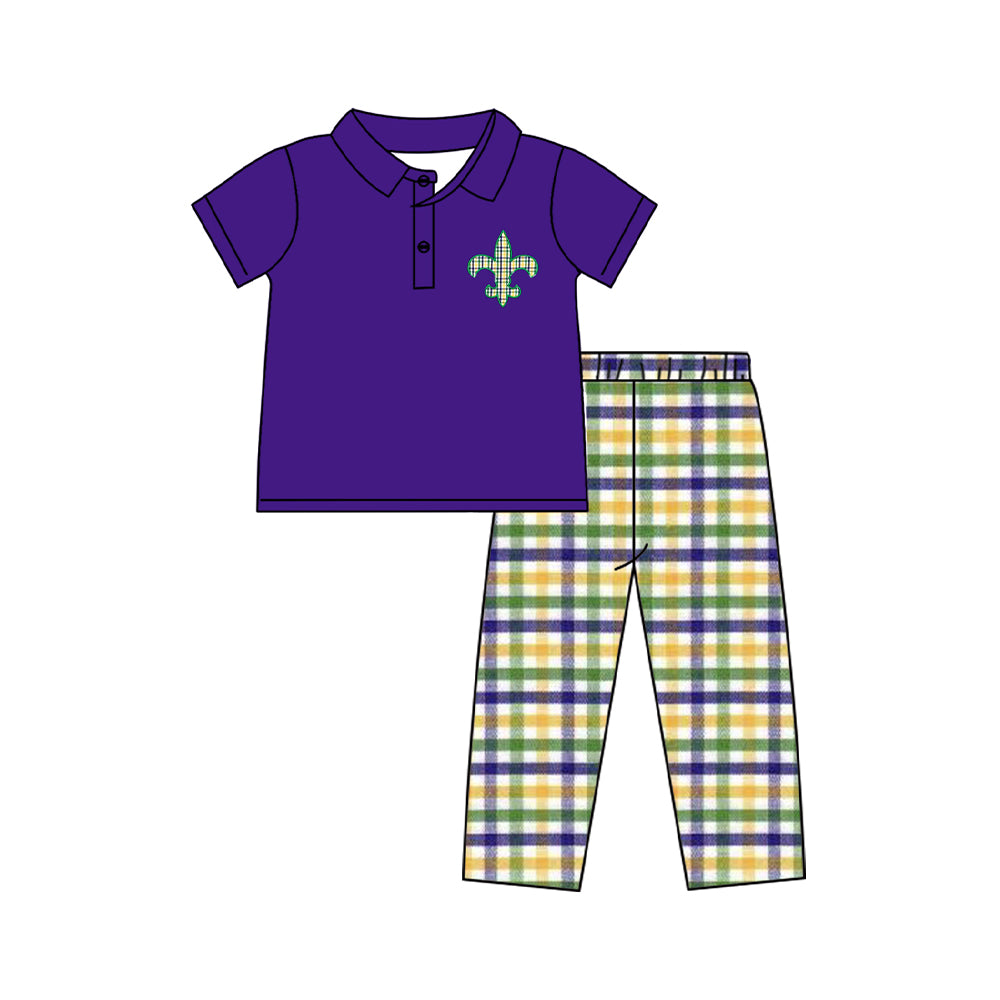 preorder BSPO0594 Mardi Gras purple short sleeve purple green yellow checkerede pants boys set