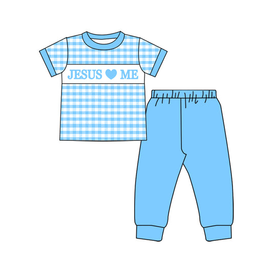 preorder BSPO0600 Easter Jesus love me blue checkered short sleeve blue pants boys set