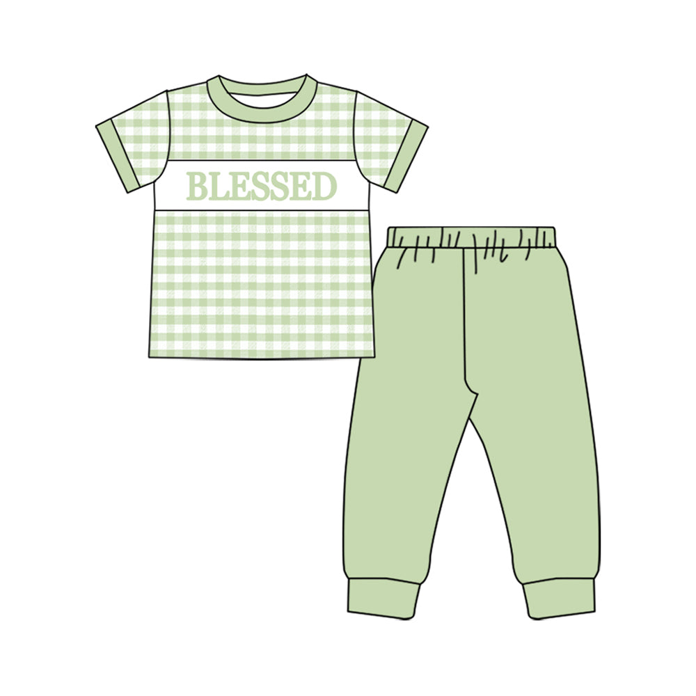 preorder BSPO0604 Blessed green checkered short sleeve pants boys set