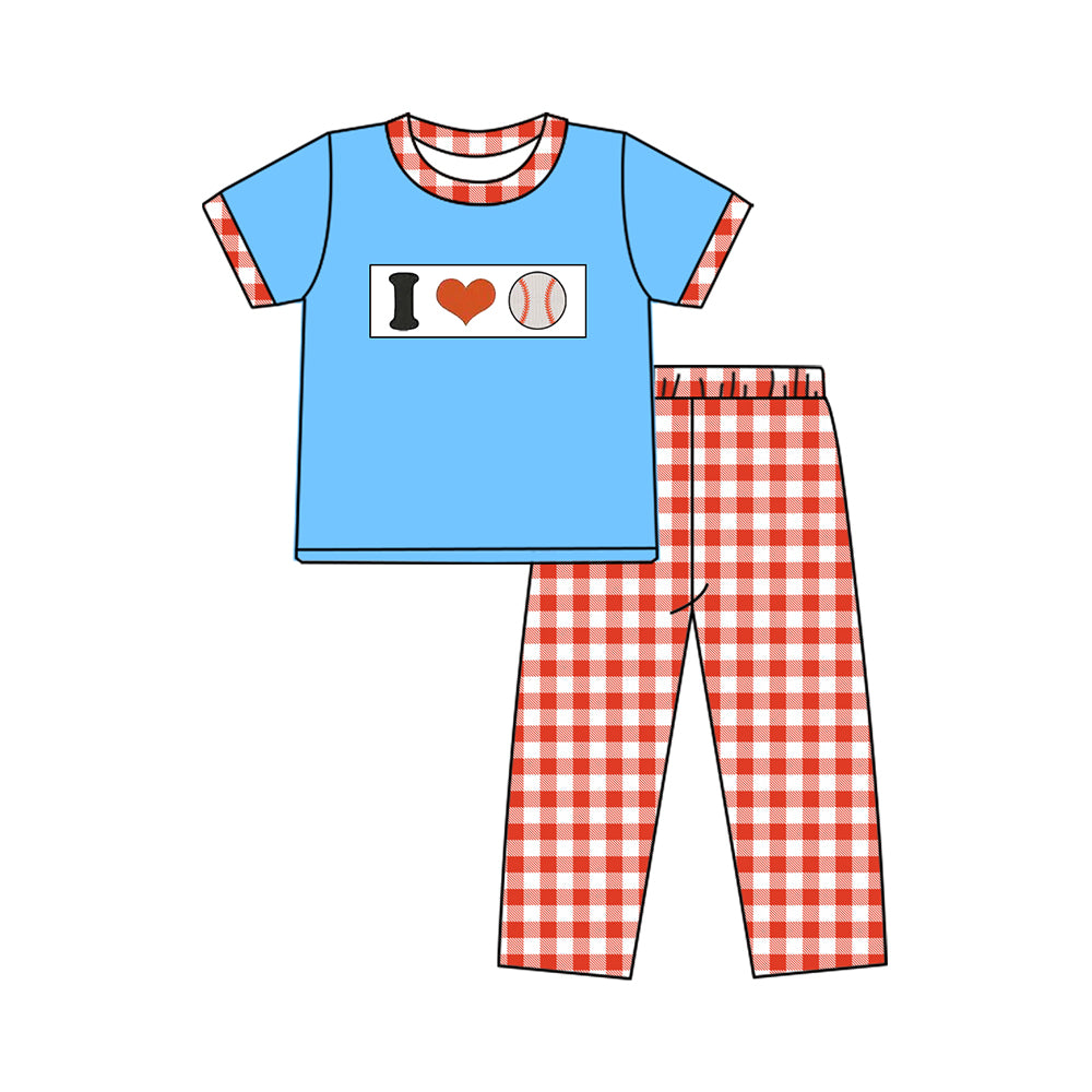 preorder BSPO0620 l love baseball blue short sleeve red checkered pants boys set