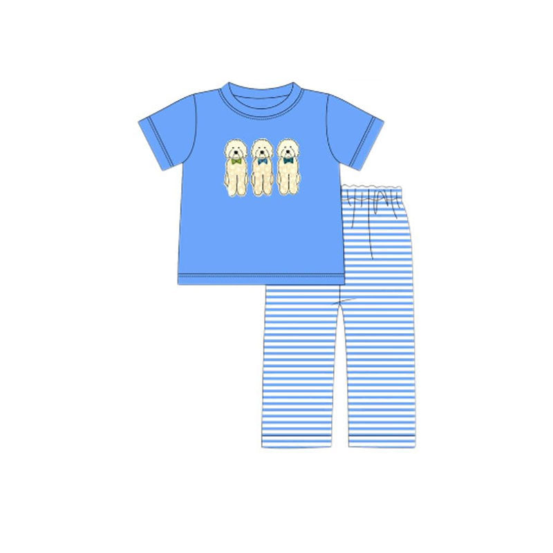 preorder BSPO0623 cute dog blue short sleeve striped pants boys set