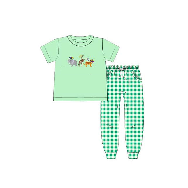 preorder BSPO0632 Mardi Gras Monkey Elephant Green Short Sleeve Checkered Pants Boys Set