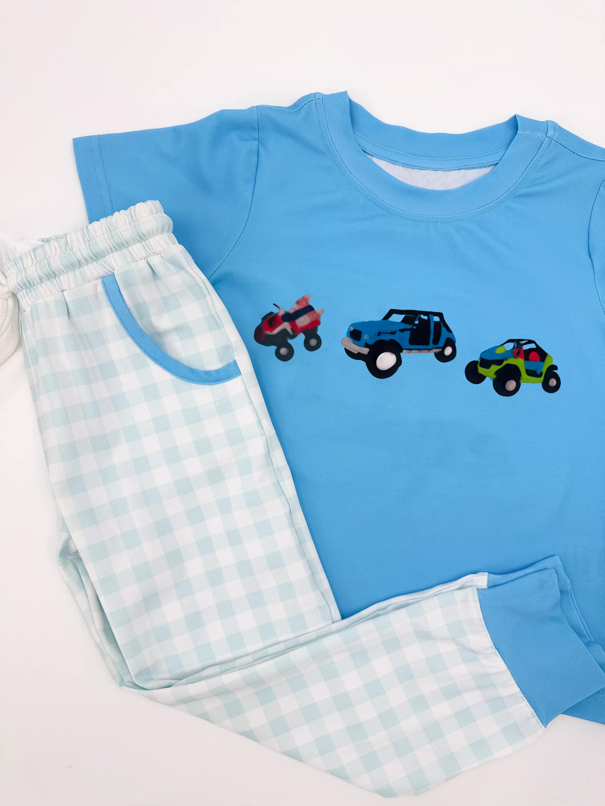 preorder BSPO0633 Off-road Blue Short Sleeve Checkered Pants Boys Set