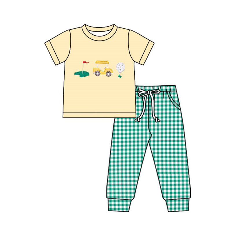 preorder BSPO0641 Golf Yellow Short Sleeve Green Checkered Pants Boys Set