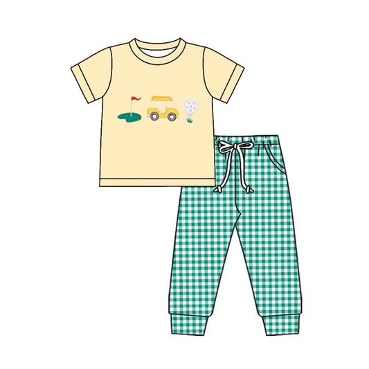 preorder BSPO0641 Golf Yellow Short Sleeve Green Checkered Pants Boys Set