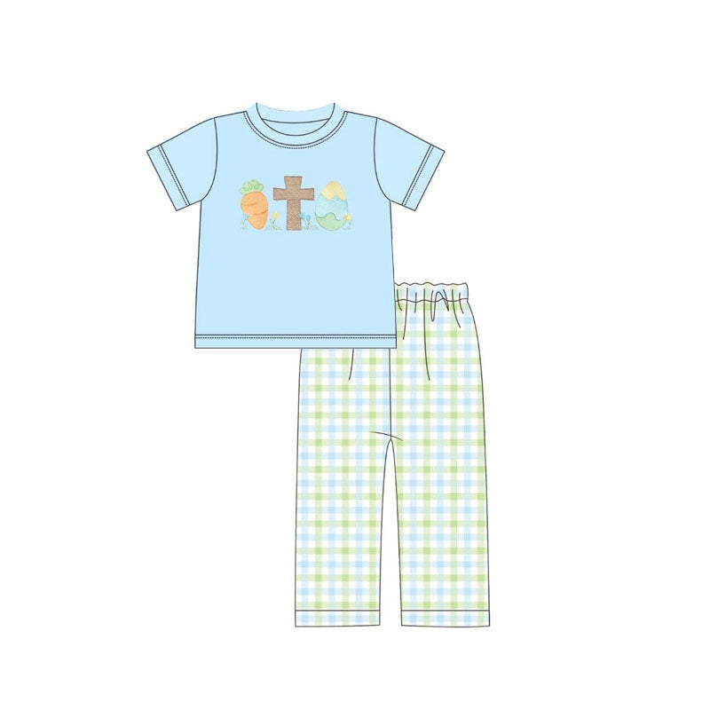 preorder BSPO0644 Easter Cross Carrot Blue Short Sleeve Checkered Pants Boys Set