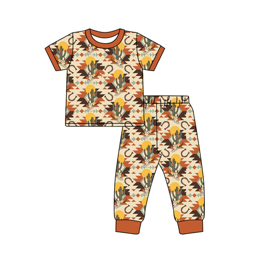 preorder BSPO0662 Western Aztec Cow Brown Short Sleeve Pants Boys Pajamas