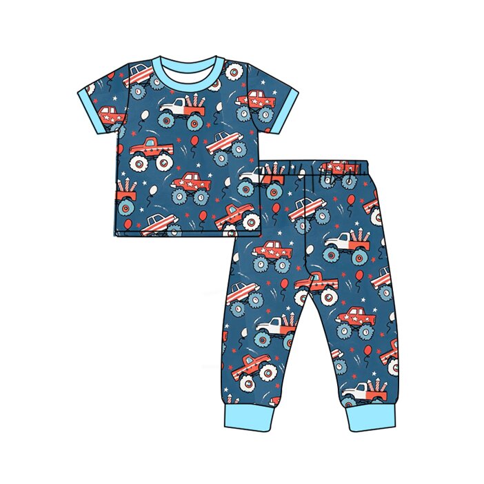 preorder BSPO0663 July 4th Car Balloon Blue Short Sleeve Pants Boys Pajamas