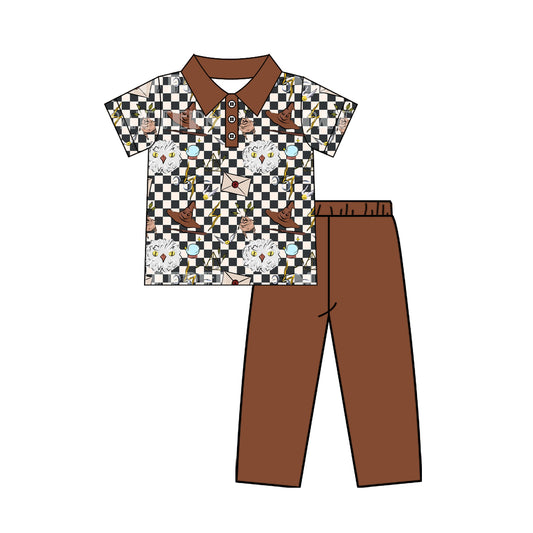preorder BSPO0685 Magic Owl Black Checkered Short Sleeve Pants Boys Set