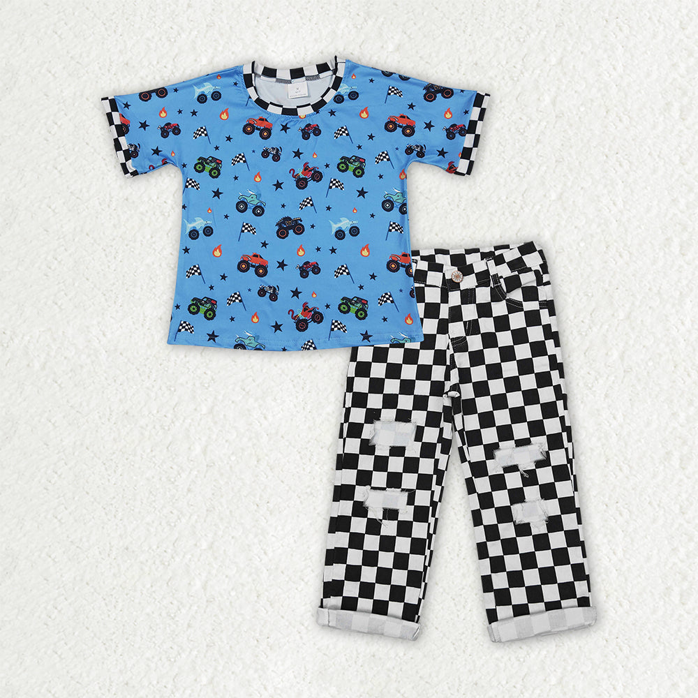 BSPO0687 Cartoon Car Blue Short Sleeve Black Checkered Hole Jeans Boys Set