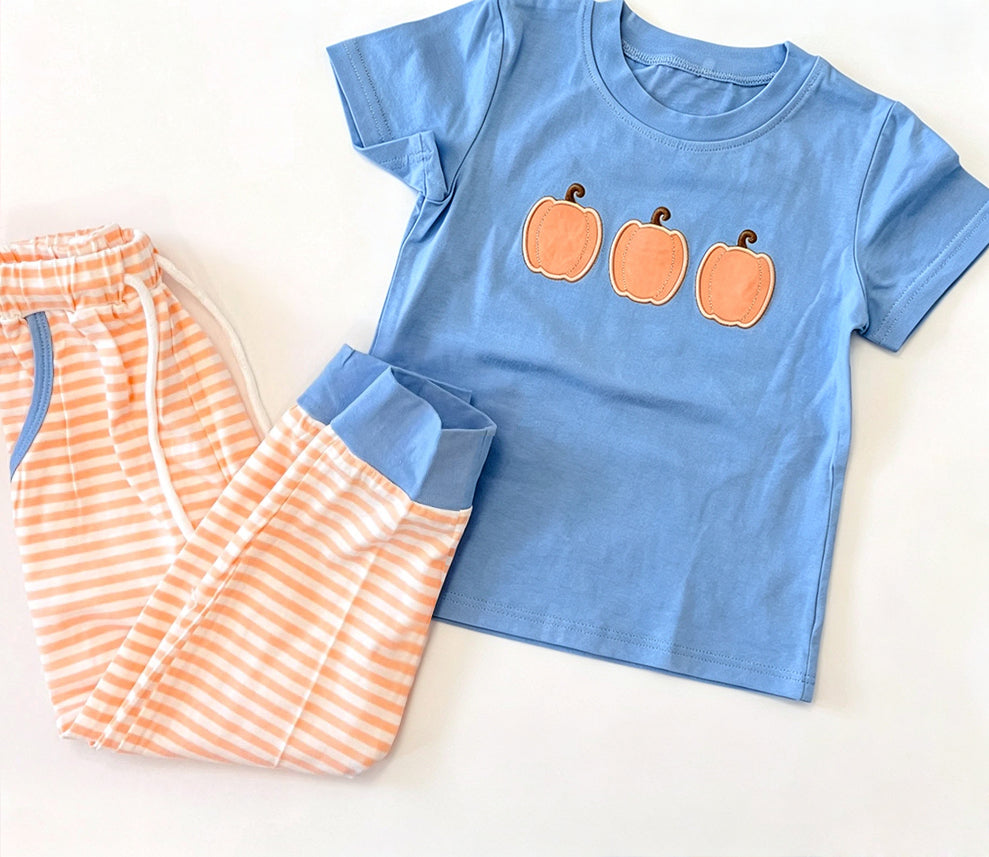 preorder BSPO0693 Pumpkin Blue Short Sleeve Orange Striped Pants Boys Set