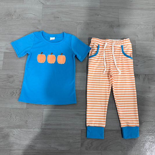 preorder Samples BSPO0693 Pumpkin Blue Short Sleeve Orange Striped Pants Boys Set