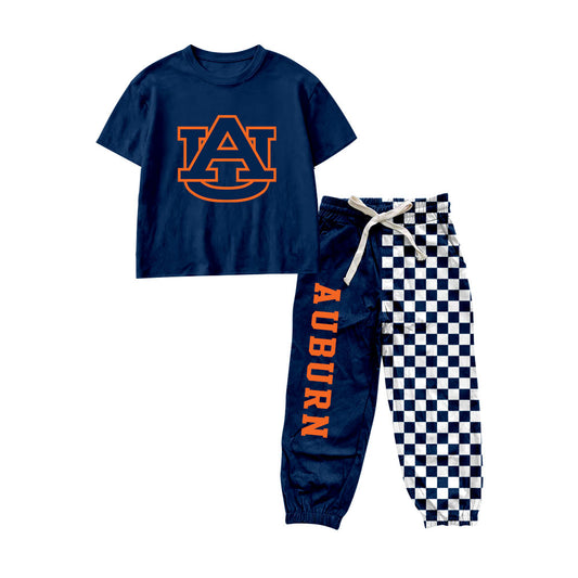 preorder BSPO0694 AUBURN Navy Blue Short Sleeve Checkered Pants Boys Set
