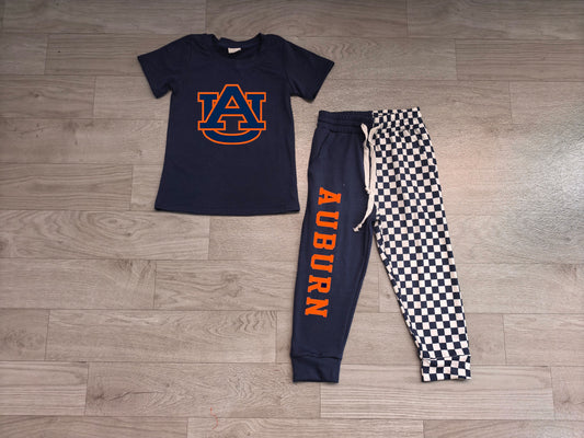 preorder Samples BSPO0694 AUBURN Navy Blue Short Sleeve Checkered Pants Boys Set