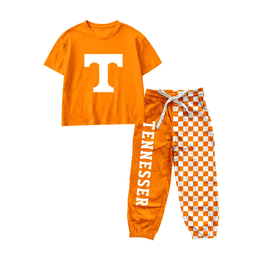preorder BSPO0695 TENNESSER Orange Short Sleeve Checkered Pants Boys Set