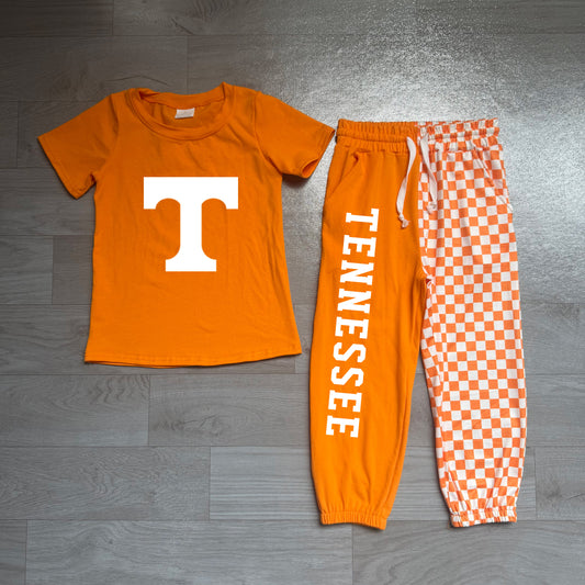 preorder Samples BSPO0695 TENNESSEE Orange Short Sleeve Checkered Pants Boys Set