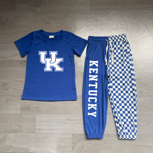 preorder Samples BSPO0696 KENTUCKY Blue Short Sleeve Checkered Pants Boys Set