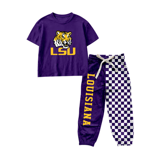 preorder BSPO0698 LOUISIANA Purple Short Sleeve Checkered Pants Boys Set