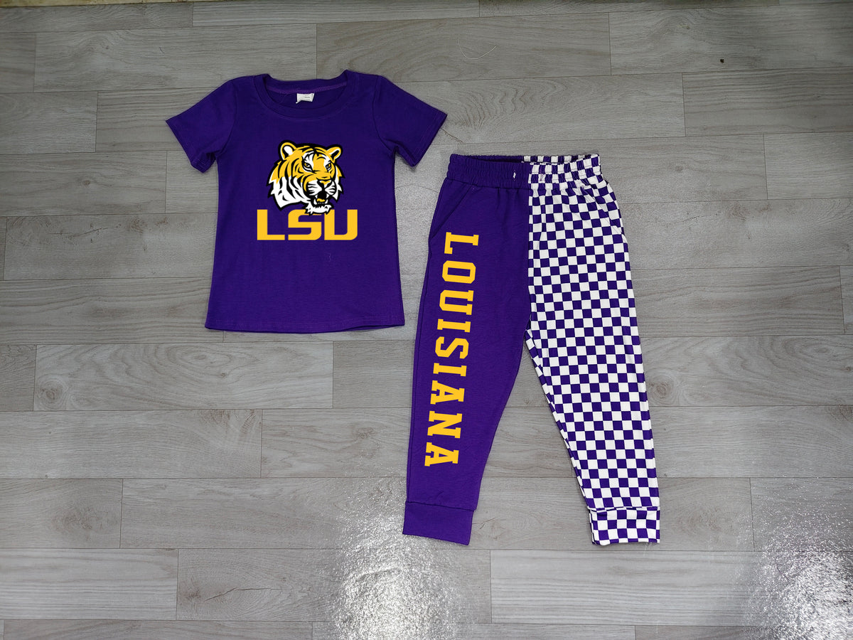 preorder Samples BSPO0698 LOUISIANA Purple Short Sleeve Checkered Pants Boys Set