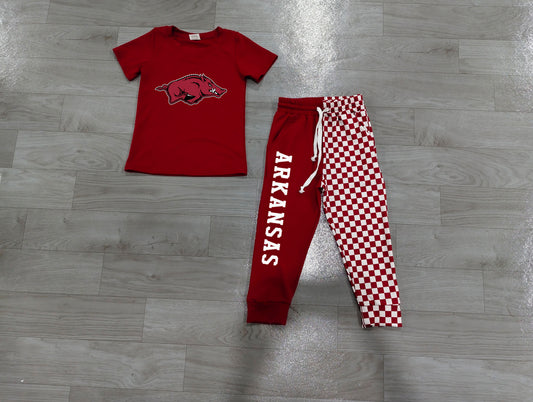 preorder Samples BSPO0699 Offset Printing ARKANSAS Maroon Short Sleeve Checkered Pants Boys Set