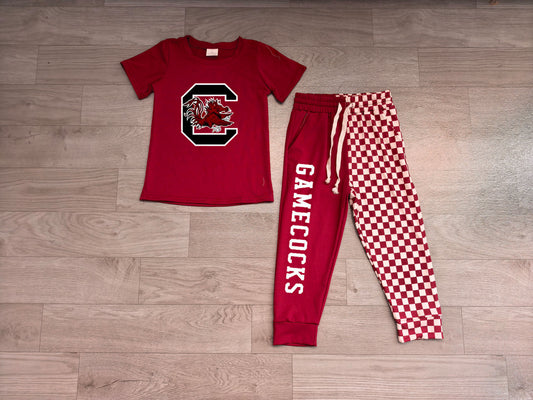 preorder Samples BSPO0701 GAMECOCKS Maroon Short Sleeve Checkered Pants Boys Set