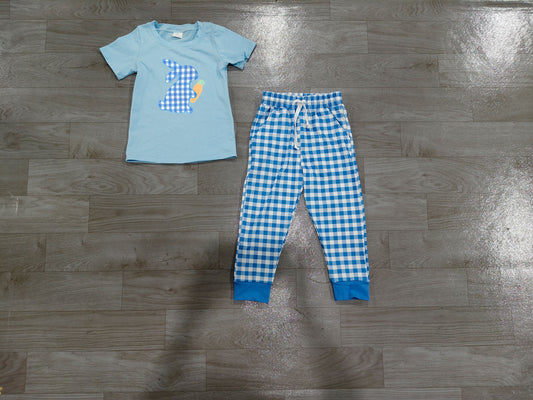 preorder Samples BSPO0705 Easter Bunny Rabbit Blue Short Sleeve Checkered Pants Boys Set