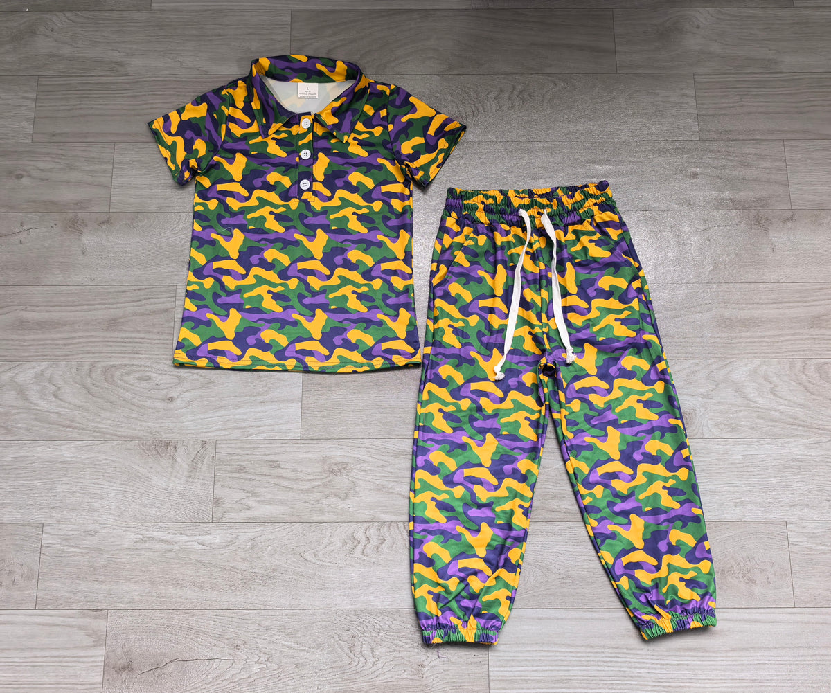 preorder Samples BSPO0721 Mard Gras Camo Short Sleeve Pants Boys Set BT1958+P1248